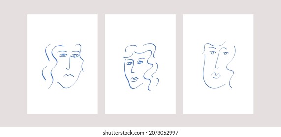 Conjunto de retratos abstractos de doodle de moda sobre fondo blanco aislado. Colección de rostros humanos inspirados en Matisse a mano libre. Afiches de arte contemporáneo. Ilustración vectorial.