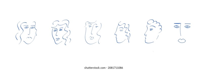 Set of trendy doodle abstract portrait on isolated white background. Collection of freehand Matisse inspired human faces. Contemporary art posters. Vector illustration.