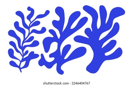 Set of trendy doodle and abstract random icons on isolated background. Big element collection, unusual organic shapes in freehand matisse art style. Includes bird, leaf, flower and texture bundle