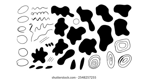 Set of trendy doodle and abstract random icons on isolated background. Big element collection, unusual organic shapes in freehand style.