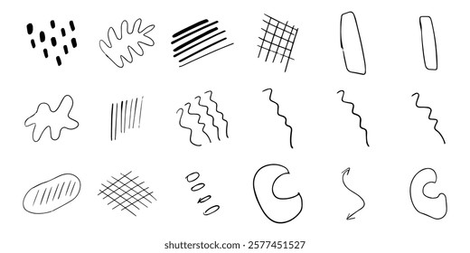 Set of trendy doodle and abstract random icons on isolated background. Big element collection, unusual organic shapes in freehand style.