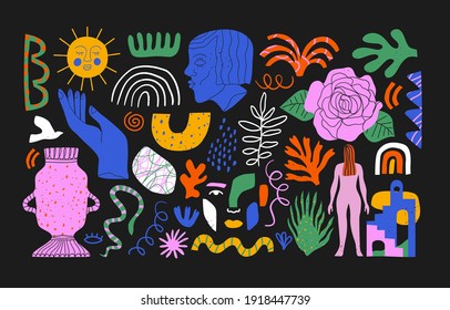 Set of trendy doodle and abstract retro icons on isolated white background. Big summer collection, random organic shapes in freehand matisse art style. Includes people, floral art, colorful bundle.