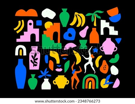 Set of trendy doodle and abstract retro icons on isolated white background. Big summer collection, random organic shapes in freehand art style. Includes people, floral art, colorful bundle.