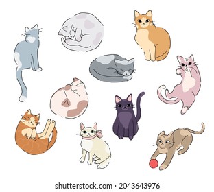 Set of trendy doodle cats in different poses for decoration design. Playing, sleeping, sitting cats. Isolated cute pet collection. Vector illustration EPS 10