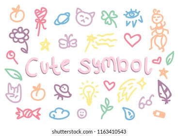 Set of trendy doodle hand drawn icon. Vector cute collection of girly stuff isolated on white background. Cute doodle background with animals, sweets, stars and hearts.