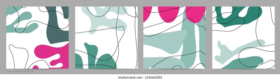 Conjunto de diseños trendy de doodle a mano con formas simples de fluidos orgánicos florales abstractos ondulados, líneas, colores pastel. Patrón vectorial para afiches, portada, plantilla de historia. Ilustración vectorial.
