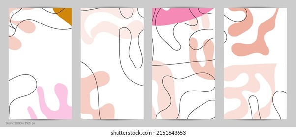 Conjunto de diseños trendy de doodle a mano con formas simples de fluidos orgánicos florales abstractos ondulados, líneas, colores pastel. Patrón vectorial para afiches, portada, plantilla de historia. Ilustración vectorial.