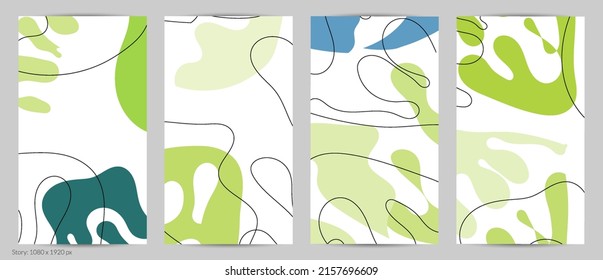 Set of Trendy doodle hand drawn backgrounds with simple wavy abstract floral organic fluid shapes, lines, pastel colors. Vector pattern for poster, post cover, story template. Vector illustration.