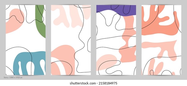 Set of Trendy doodle hand drawn backgrounds with simple wavy abstract floral organic fluid shapes, lines, pastel colors. Vector pattern for poster, post cover, story template. Vector illustration.