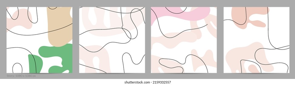 Set of Trendy doodle hand drawn backgrounds with simple wavy abstract floral organic fluid shapes, lines, pastel colors. Vector pattern for poster, post cover, story template. Vector illustration.