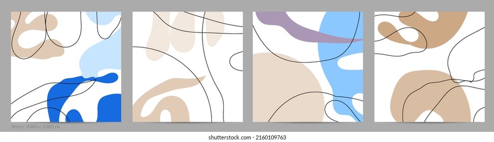 Set of Trendy doodle hand drawn backgrounds with simple wavy abstract floral organic fluid shapes, lines, pastel colors. Vector pattern for poster, post cover, story template. Vector illustration.