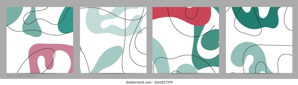 Set of Trendy doodle hand drawn backgrounds with simple wavy abstract floral organic fluid shapes, lines, pastel colors. Vector pattern for poster, post cover, story template. Vector illustration.