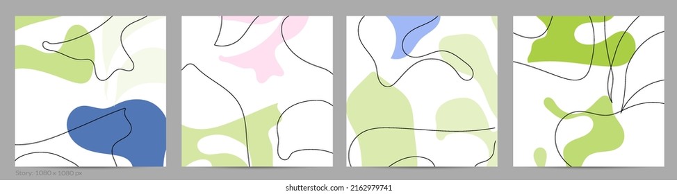 Set of Trendy doodle hand drawn backgrounds with simple wavy abstract floral organic fluid shapes, lines, pastel colors. Vector pattern for poster, post cover, story template. Vector illustration.