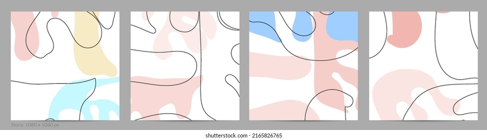 Conjunto de diseños trendy de doodle a mano con formas simples de fluidos orgánicos florales abstractos ondulados, líneas, colores pastel. Patrón vectorial para afiches, portada, plantilla de historia. Ilustración vectorial.