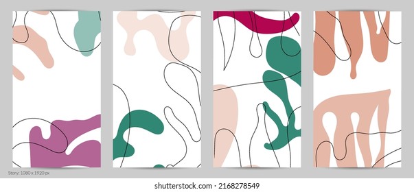Set of Trendy doodle hand drawn backgrounds with simple wavy abstract floral organic fluid shapes, lines, pastel colors. Vector pattern for poster, post cover, story template. Vector illustration.