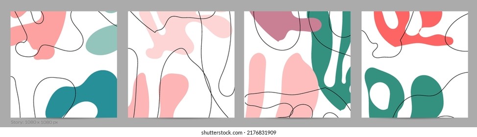 Set of Trendy doodle hand drawn backgrounds with simple wavy abstract floral organic fluid shapes, lines, pastel colors. Vector pattern for poster, post cover, story template. Vector illustration.