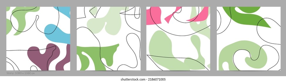 Set of Trendy doodle hand drawn backgrounds with simple wavy abstract floral organic fluid shapes, lines, pastel colors. Vector pattern for poster, post cover, story template. Vector illustration.