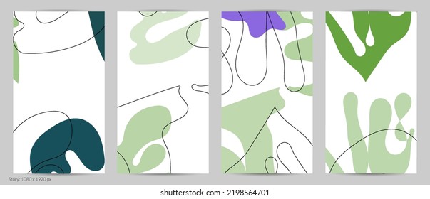 Set of Trendy doodle hand drawn backgrounds with simple wavy abstract floral organic fluid shapes, lines, pastel colors. Vector pattern for poster, post cover, story template. Vector illustration.