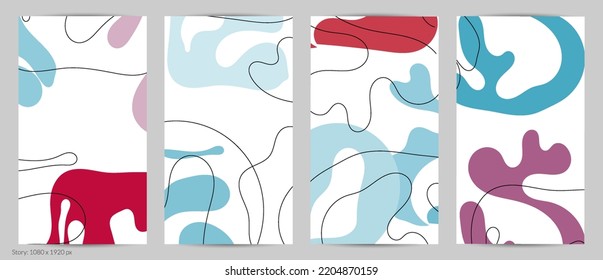 Set of Trendy doodle hand drawn backgrounds with simple wavy abstract floral organic fluid shapes, lines, pastel colors. Vector pattern for poster, post cover, story template. Vector illustration.