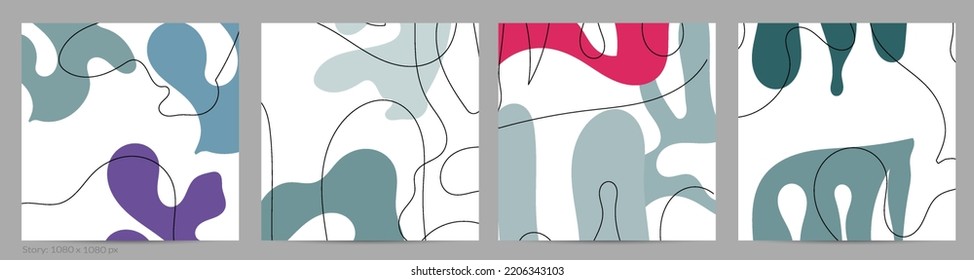 Set of Trendy doodle hand drawn backgrounds with simple wavy abstract floral organic fluid shapes, lines, pastel colors. Vector pattern for poster, post cover, story template. Vector illustration.