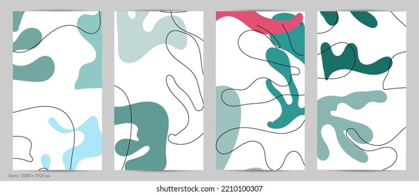 Set of Trendy doodle hand drawn backgrounds with simple wavy abstract floral organic fluid shapes, lines, pastel colors. Vector pattern for poster, post cover, story template. Vector illustration.