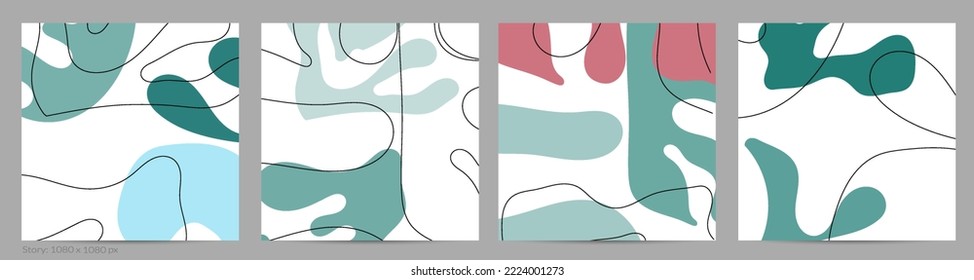 Set of Trendy doodle hand drawn backgrounds with simple wavy abstract floral organic fluid shapes, lines, pastel colors. Vector pattern for poster, post cover, story template. Vector illustration.