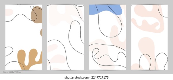 Set of Trendy doodle hand drawn backgrounds with simple wavy abstract floral organic fluid shapes, lines, pastel colors. Vector pattern for poster, post cover, story template. Vector illustration.