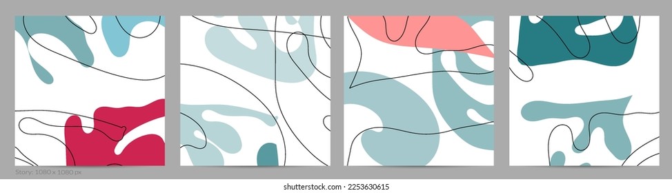 Set of Trendy doodle hand drawn backgrounds with simple wavy abstract floral organic fluid shapes, lines, pastel colors. Vector pattern for poster, post cover, story template. Vector illustration.