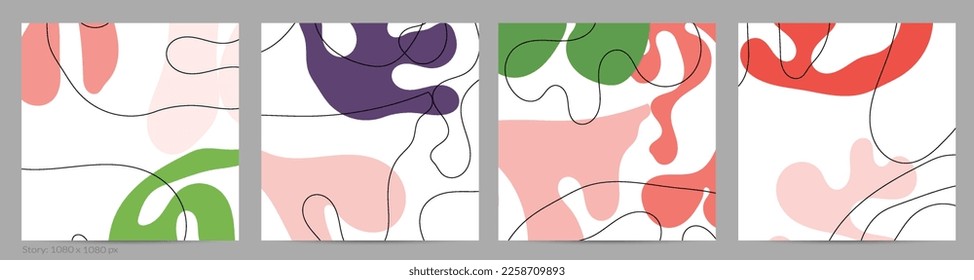 Set of Trendy doodle hand drawn backgrounds with simple wavy abstract floral organic fluid shapes, lines, pastel colors. Vector pattern for poster, post cover, story template. Vector illustration.
