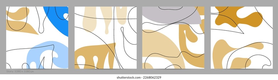 Set of Trendy doodle hand drawn backgrounds with simple wavy abstract floral organic fluid shapes, lines, pastel colors. Vector pattern for poster, post cover, story template. Vector illustration.