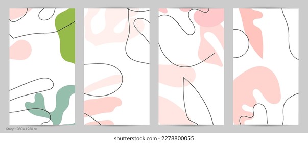 Conjunto de diseños trendy de doodle a mano con formas simples de fluidos orgánicos florales abstractos ondulados, líneas, colores pastel. Patrón vectorial para afiches, portada, plantilla de historia. Ilustración vectorial.