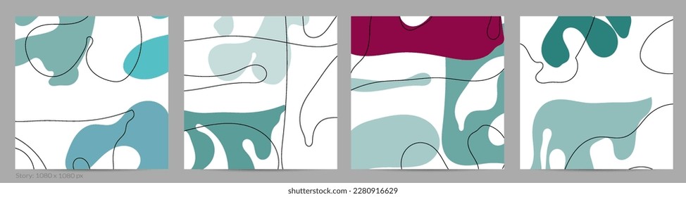 Set of Trendy doodle hand drawn backgrounds with simple wavy abstract floral organic fluid shapes, lines, pastel colors. Vector pattern for poster, post cover, story template. Vector illustration.