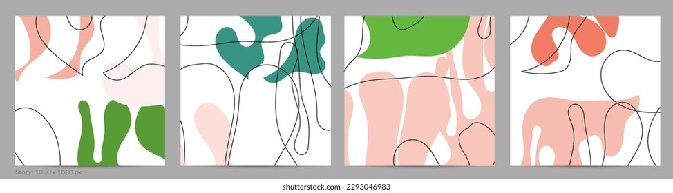 Conjunto de diseños trendy de doodle a mano con formas simples de fluidos orgánicos florales abstractos ondulados, líneas, colores pastel. Patrón vectorial para afiches, portada, plantilla de historia. Ilustración vectorial.