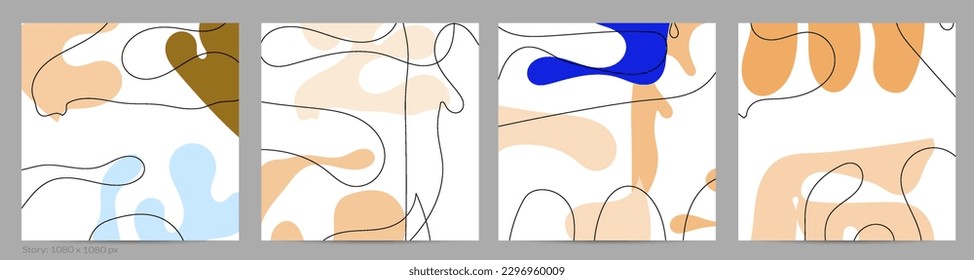 Set of Trendy doodle hand drawn backgrounds with simple wavy abstract floral organic fluid shapes, lines, pastel colors. Vector pattern for poster, post cover, story template. Vector illustration.