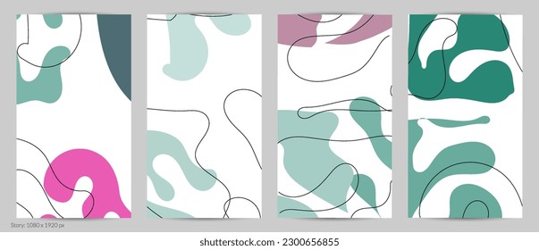 Conjunto de diseños trendy de doodle a mano con formas simples de fluidos orgánicos florales abstractos ondulados, líneas, colores pastel. Patrón vectorial para afiches, portada, plantilla de historia. Ilustración vectorial.