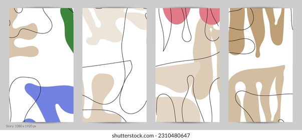 Set of Trendy doodle hand drawn backgrounds with simple wavy abstract floral organic fluid shapes, lines, pastel colors. Vector pattern for poster, post cover, story template. Vector illustration.