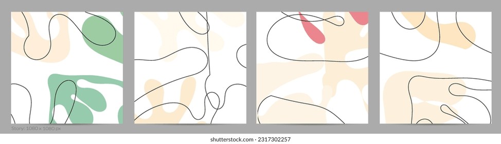 Set of Trendy doodle hand drawn backgrounds with simple wavy abstract floral organic fluid shapes, lines, pastel colors. Vector pattern for poster, post cover, story template. Vector illustration.