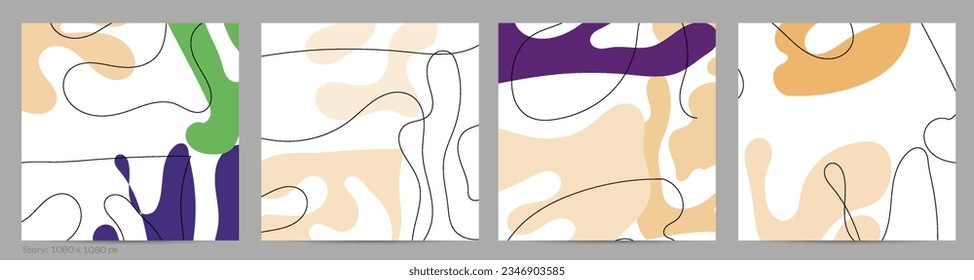 Set of Trendy doodle hand drawn backgrounds with simple wavy abstract floral organic fluid shapes, lines, pastel colors. Vector pattern for poster, post cover, story template. Vector illustration.