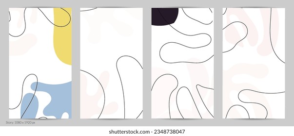 Set of Trendy doodle hand drawn backgrounds with simple wavy abstract floral organic fluid shapes, lines, pastel colors. Vector pattern for poster, post cover, story template. Vector illustration.