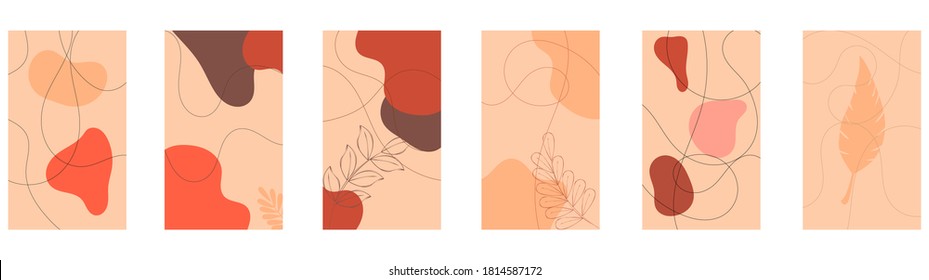 Set of trendy doodle pattern background with abstract organic shapes, leaves and lines. Modern vector pattern for brochure, poster, invitation, post cover, story template design.Vector illustration.