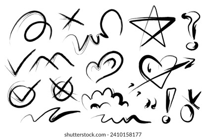 Set of trendy doodle and random childish doodle elements isolated on white background. Brush drawn, stroke, underline, star, heart shape, question mark, exclamation mark, true mark, and curly lines.