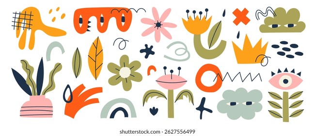 Set of trendy doodle shapes and abstract nature icons on isolated white background. Big collection, fashion elements in freehand childish cartoon style. Includes floral art, shapes, tropical fruits.