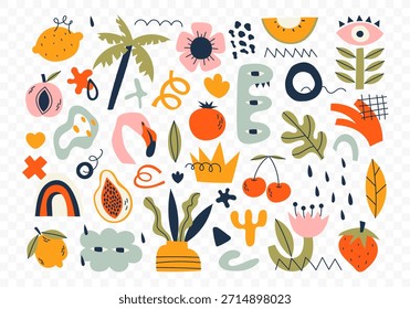 Conjunto de formas de rabiscar na moda e ícones de natureza abstrata em fundo branco isolado. Grande coleção, elementos de moda em estilo infantil à mão livre. Inclui arte floral, formas, frutas tropicais.