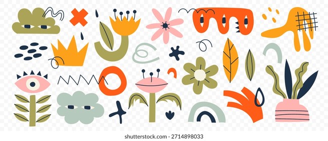 Conjunto de Formas de doodle de moda e íconos abstractos de la naturaleza sobre fondo blanco aislado. Gran colección, Elementos de moda en estilo de dibujos animados infantiles a mano alzada. Incluye arte floral, Formas, frutas tropicales.