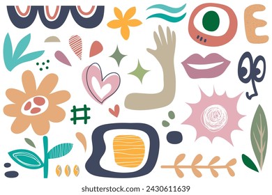 Set of trendy doodles and abstract nature icons on isolated white background. Big summer collection, unusual organic shapes in freehand matisse art style. Including