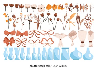 Set of trendy dried flowers set. Elegant design for floral bouquet. Dry flowers in pastel colors. Flower shop decoration and vases, packaging and bows. Flat vector illustration