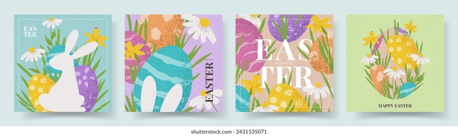 Juego de tarjetas de Pascua de moda. Ilustración vectorial de Pascua creativa con huevos dibujados a mano, flores, hierba, conejito. Banners contemporáneos para diseño de fiesta, celebración, anuncio, marca, portada, tarjeta, venta.