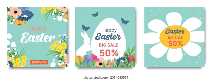 Set of trendy  Easter Sale posters with Color Painted Egg, Spring Flower and Rabbit. Spring background, cover, sale banner, flyer design. Template for advertising, web, social media