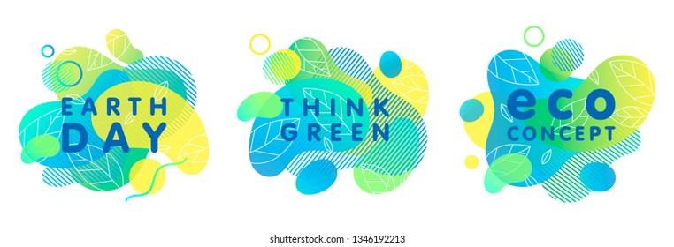 Set of trendy eco concepts with bright liquid shapes,tiny leaves and geometric elements.Fluid compositions perfect for Earth Day,prints,logos,flyers,banners design and more.Think green.Eco concepts.
