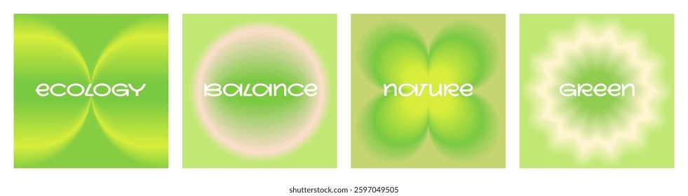 Set of Trendy Ecology Gradient Backgrounds. Nature Green Geometric Abstract Vibrant Pattern. Blurred light effect. Modern Colorful Layout Design with circle, flowers, butterfly. Vector social media